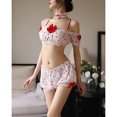 

Women's Lace Mesh Super Sexy Babydoll & Slips Gartered Lingerie Matching Bralettes Nightwear Polka Dot Patchwork White S M L / Halter Neck