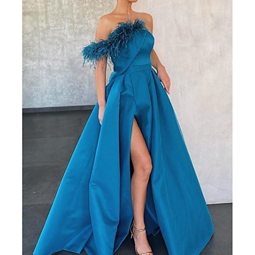 

A-Line Elegant Engagement Formal Evening Dress Off Shoulder Sleeveless Sweep / Brush Train Velvet with Pleats Tassel Split Front 2021