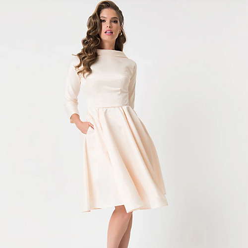 

A-Line Wedding Dresses Jewel Neck Knee Length Charmeuse 3/4 Length Sleeve Vintage Little White Dress 1950s Cute with Draping 2021