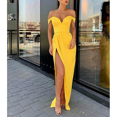 

Sheath / Column Elegant Prom Formal Evening Dress Off Shoulder Short Sleeve Floor Length Jersey with Split Front 2021