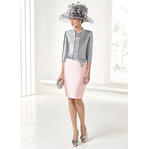 

Two Piece Sheath / Column Mother of the Bride Dress Wrap Included Jewel Neck Knee Length Lace Satin 3/4 Length Sleeve with Lace 2021