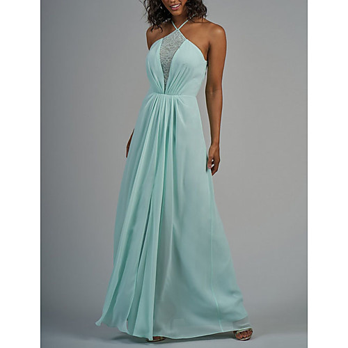

A-Line Halter Neck Floor Length Chiffon Bridesmaid Dress with Pleats