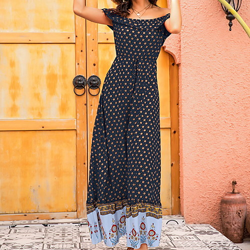 

Women's Sheath Dress Orange Red Navy Blue Short Sleeve Geometic Off Shoulder S M L XL / Maxi