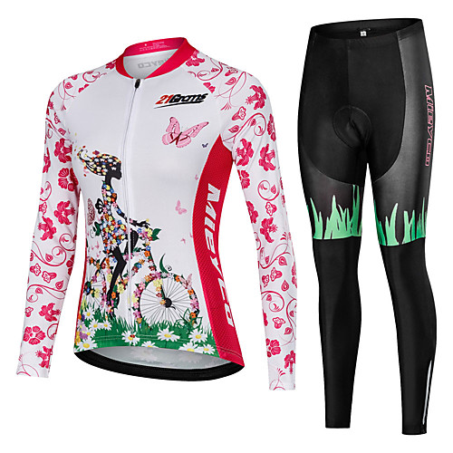 

21Grams Women's Long Sleeve Cycling Jersey with Tights Winter Fleece Pink Floral Botanical Bike Clothing Suit Ultraviolet Resistant Quick Dry Breathable Back Pocket Sports Floral Botanical Mountain