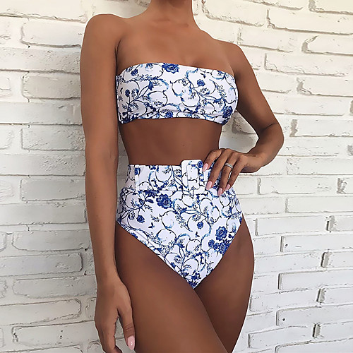

Women's Basic Bandeau Cheeky High Waist Bikini Swimwear Swimsuit - Floral Geometric Lace up Print S M L Light Blue Light Brown White Black Red