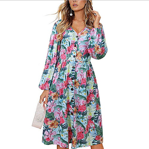

Women's A Line Dress Blue Blushing Pink Gray Black 3/4 Length Sleeve Leaf V Neck S M L XL