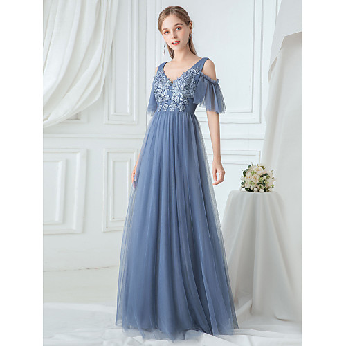 

A-Line V Neck Floor Length Tulle Bridesmaid Dress with Appliques