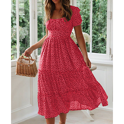 

Women's Maxi Swing Dress - Short Sleeve Polka Dot Black Red Green S M L XL