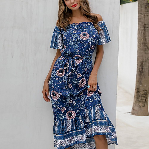 

Women's A Line Dress Navy Blue Short Sleeve Geometric Off Shoulder S M L XL