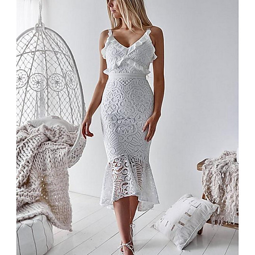 

Women's Strap Dress Midi Dress White Sleeveless Solid Colored Hot Slim S M L XL