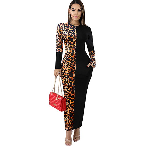 

Women's Sheath Dress Yellow Khaki Beige Long Sleeve Leopard Round Neck S M L XL / Maxi
