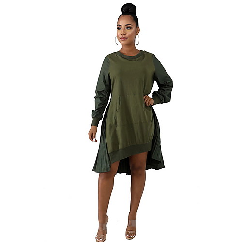 

Women's A Line Dress Army Green Royal Blue Black Long Sleeve Solid Color Crew Neck S M L XL