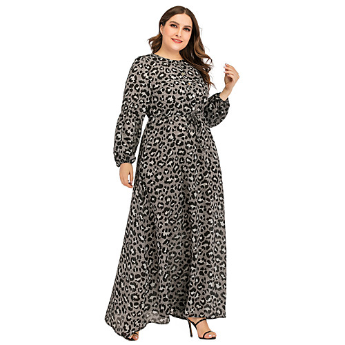 

Women's Shift Dress Black Long Sleeve Leopard Print Print Round Neck Flare Cuff Sleeve Loose L XL XXL 3XL / Maxi / Chiffon
