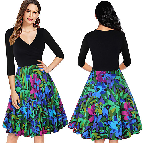 

Audrey Hepburn Dresses Retro Vintage 1950s Wasp-Waisted Vacation Dress Summer Dress A-Line Dress Tea Dress Rockabilly Women's Spandex Cotton Costume Green / Black Vintage Cosplay Party Daily Wear