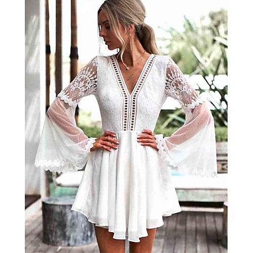 

Women's A Line Dress White Long Sleeve Solid Colored V Neck M L XL