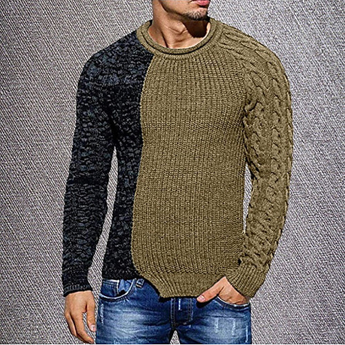 

Men's Color Block Pullover Long Sleeve Sweater Cardigans Round Neck Black Khaki Green