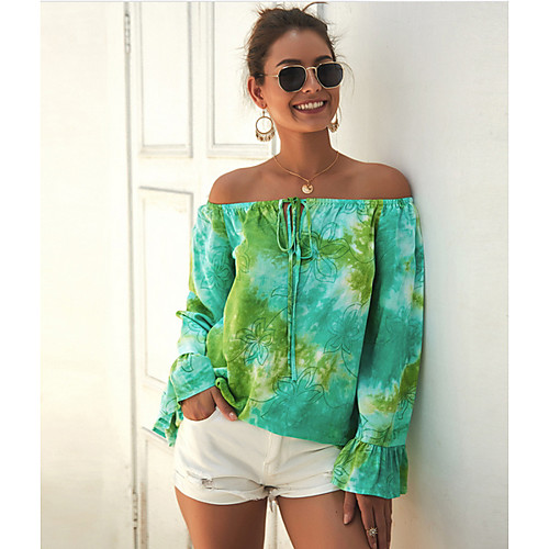 

Women's Blouse Shirt Solid Colored Long Sleeve Off Shoulder Tops Red Yellow Green