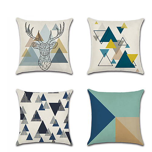 

Set of 4 Faux Linen Pillow Cover Holiday Cartoon Fashion Color Block Geometic Throw Pillow 4545 cm