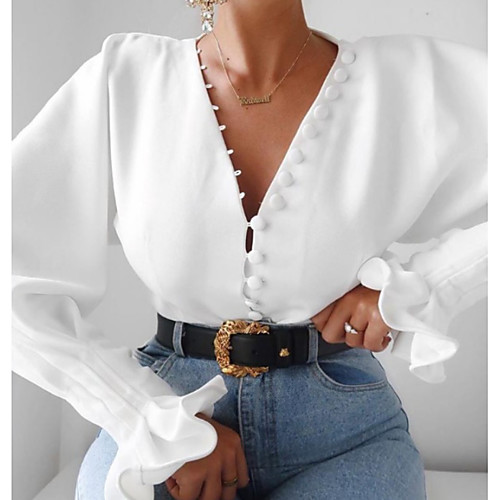 

Women's Blouse Shirt Solid Colored Long Sleeve V Neck Tops White