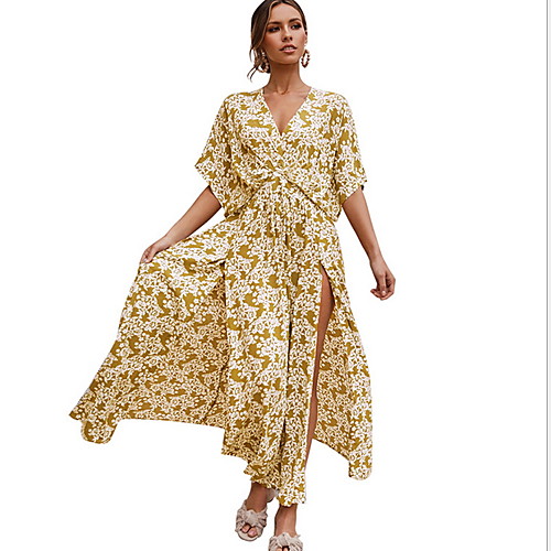 

Women's A Line Dress Yellow Green Black Short Sleeve Geometic V Neck S M L XL / Maxi