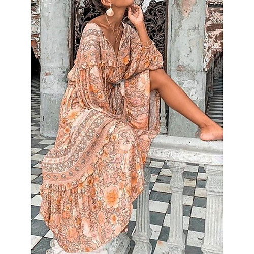 

Women's Maxi Shift Dress - Long Sleeve Geometric V Neck Loose Blushing Pink S M L XL XXL XXXL