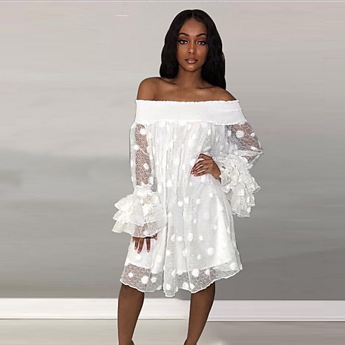 

Women's A Line Dress White Long Sleeve Solid Color Off Shoulder S M L XL