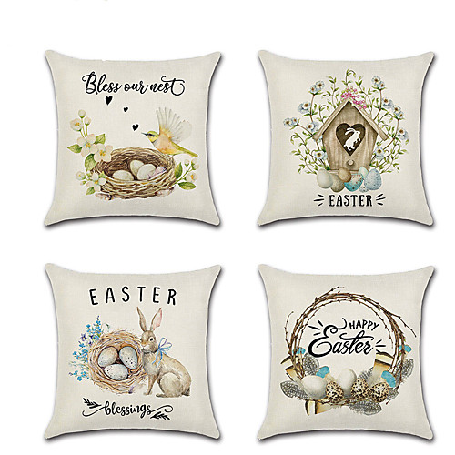 

Happy Easter Set of 4 Faux Linen Pillow Cover Easter Holiday Cartoon Traditional Happy Rabbit Throw Pillow 4545 cm