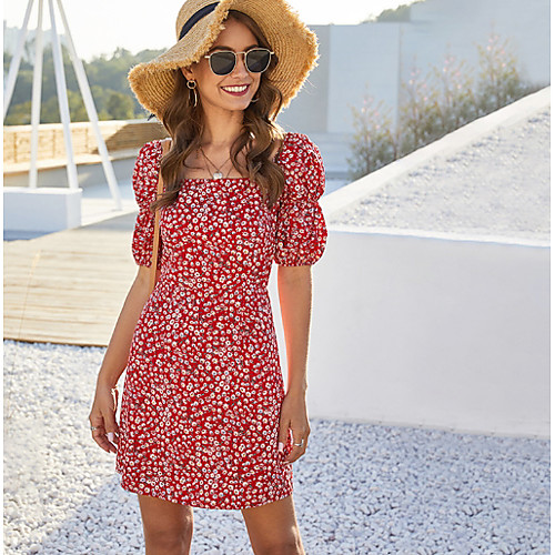 

Women's Sheath Dress Red Short Sleeve Geometric Square Neck Slim S M L XL