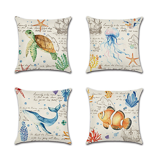 

4 pcs Faux Linen Pillow Cover, Animal Cartoon Mediterranean Square Traditional Classic