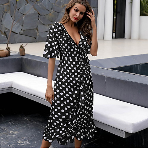

Women's A Line Dress White Black Navy Blue Short Sleeve Polka Dot V Neck S M L XL / Maxi