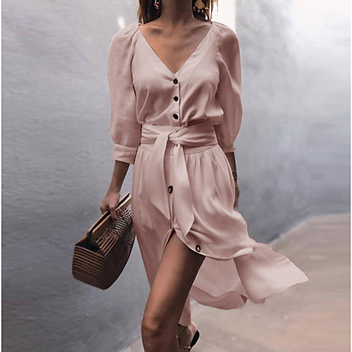 

Women's Sheath Dress Midi Dress Blushing Pink Gray White Long Sleeve Solid Colored Spring & Summer V Neck Hot Elegant Slim 2021 S M L XL