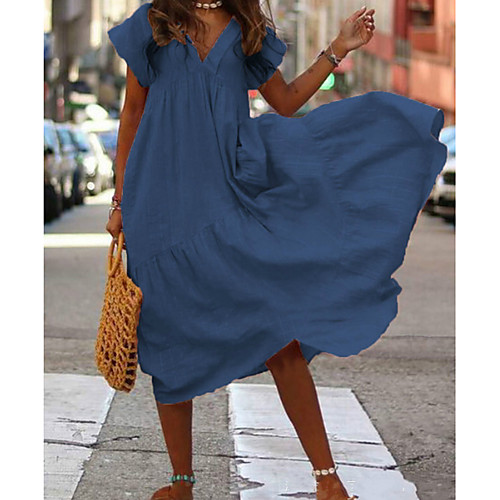 

Women's Sheath Dress Midi Dress Blue Yellow Blushing Pink Fuchsia Navy Blue Short Sleeve Solid Colored Spring & Summer V Neck Hot Elegant Slim 2021 S M L XL XXL 3XL 4XL 5XL