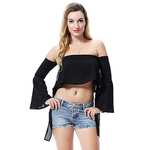 

Women's T shirt Solid Colored Long Sleeve Off Shoulder Basic Tops White Black Blue