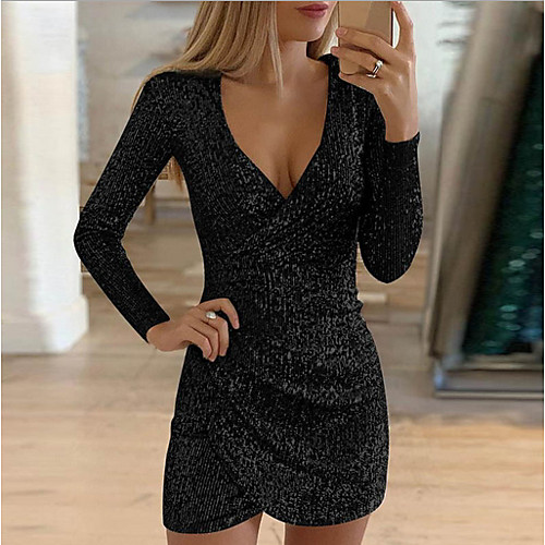 

Women's Sheath Dress Short Mini Dress Purple Yellow Blushing Pink Wine Gray Silver Gold Green Black Long Sleeve Solid Colored V Neck Hot Elegant Slim S M L XL XXL 3XL