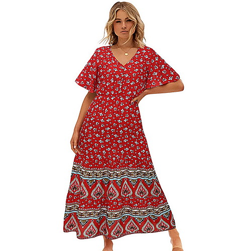 

Women's Sheath Dress Black Red Navy Blue Short Sleeve Geometic V Neck S M L XL / Maxi