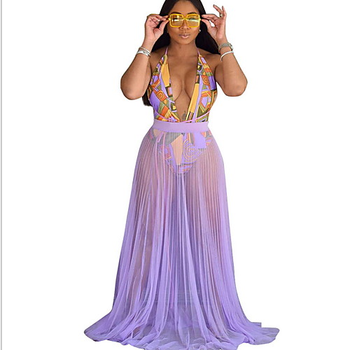 

Women's A Line Dress Purple Sleeveless Geometic Halter Neck S M L