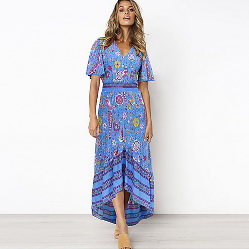 

Women's Shift Dress Royal Blue Red Navy Blue Short Sleeve Geometric V Neck S M L XL / Maxi
