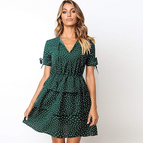 

Women's A Line Dress Yellow Green Short Sleeve Polka Dot Round Neck S M L XL