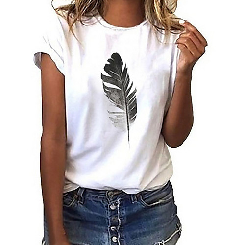 

Women's T shirt Geometric Printing Round Neck Tops Cotton White Black Blue