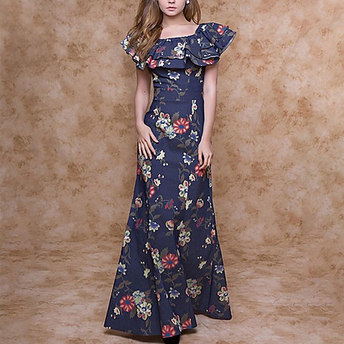 

Women's A Line Dress Navy Blue Sleeveless Floral Ruffle Square Neck S M L XL XXL / Maxi / Retro