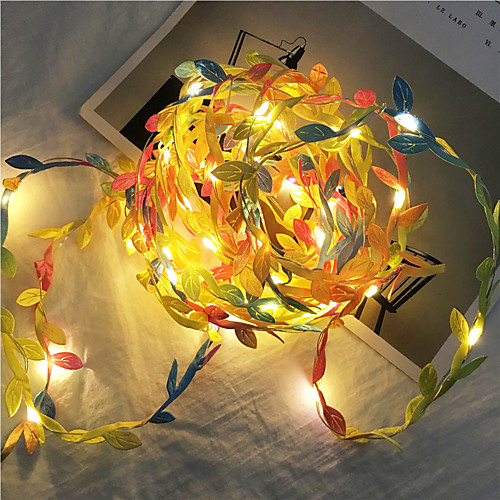 

2M 20Leds Tiny Colorful Leaves Garland Fairy Light Led Copper Wire String Lights For Wedding Forest Table Christmas Home Party Decoration Warm White Lighting AA Battery Power (come without battery)