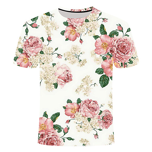 

Men's T shirt Shirt Floral 3D Plus Size Print Short Sleeve Daily Slim Tops Basic Chinoiserie Round Neck White