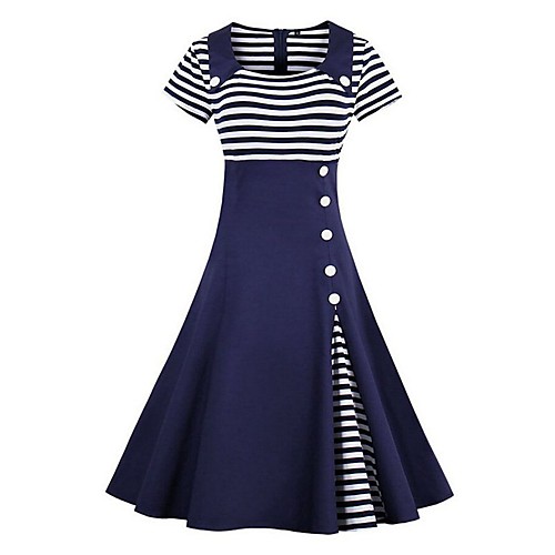 

Women's A Line Dress Knee Length Dress Wine Black Navy Blue 3/4 Length Sleeve Striped Patchwork Spring & Summer Peter Pan Collar Hot Elegant Sophisticated 2021 S M L XL XXL 3XL 4XL / Cotton / Cotton