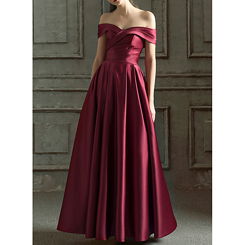 

A-Line Minimalist Prom Formal Evening Dress Off Shoulder Short Sleeve Floor Length Satin with Pleats Ruched 2021