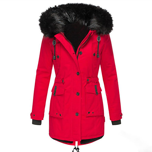 

Women's Padded Long Coat Regular Fit Jacket Solid Colored Black Red