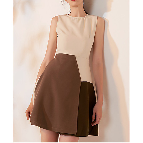 

A-Line Color Block White Wedding Guest Cocktail Party Dress Jewel Neck Sleeveless Short / Mini Spandex with Split 2021