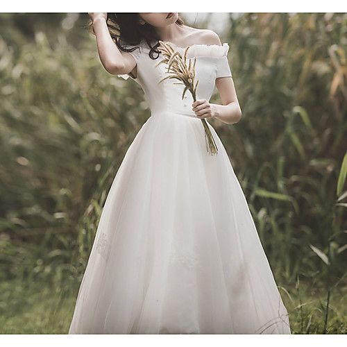 

A-Line Wedding Dresses Off Shoulder Ankle Length Satin Tulle Short Sleeve Simple Little White Dress Elegant with Buttons Lace Insert 2021
