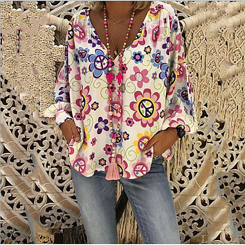 

Women's Plus Size Floral Print Blouse Casual Boho Daily V Neck White