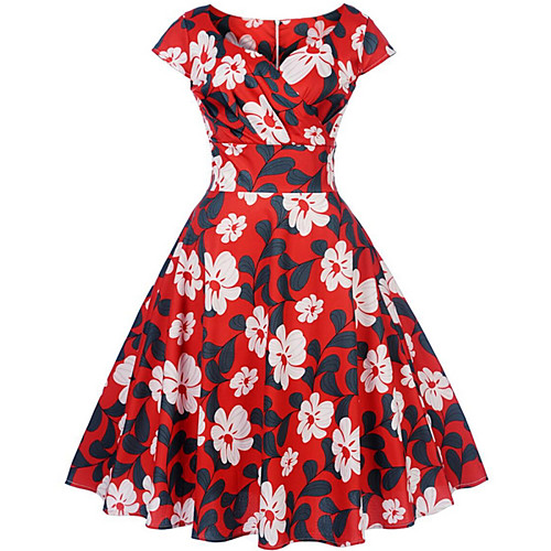 

Women's A Line Dress Midi Dress Red Short Sleeve Floral V Neck S M L XL XXL