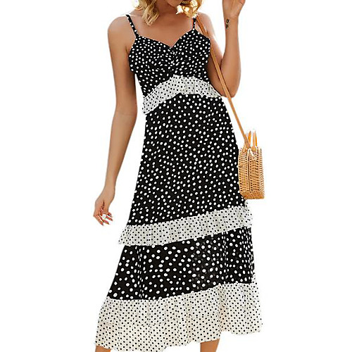 

Women's Sheath Dress Black Sleeveless Polka Dot Strap S M L XL